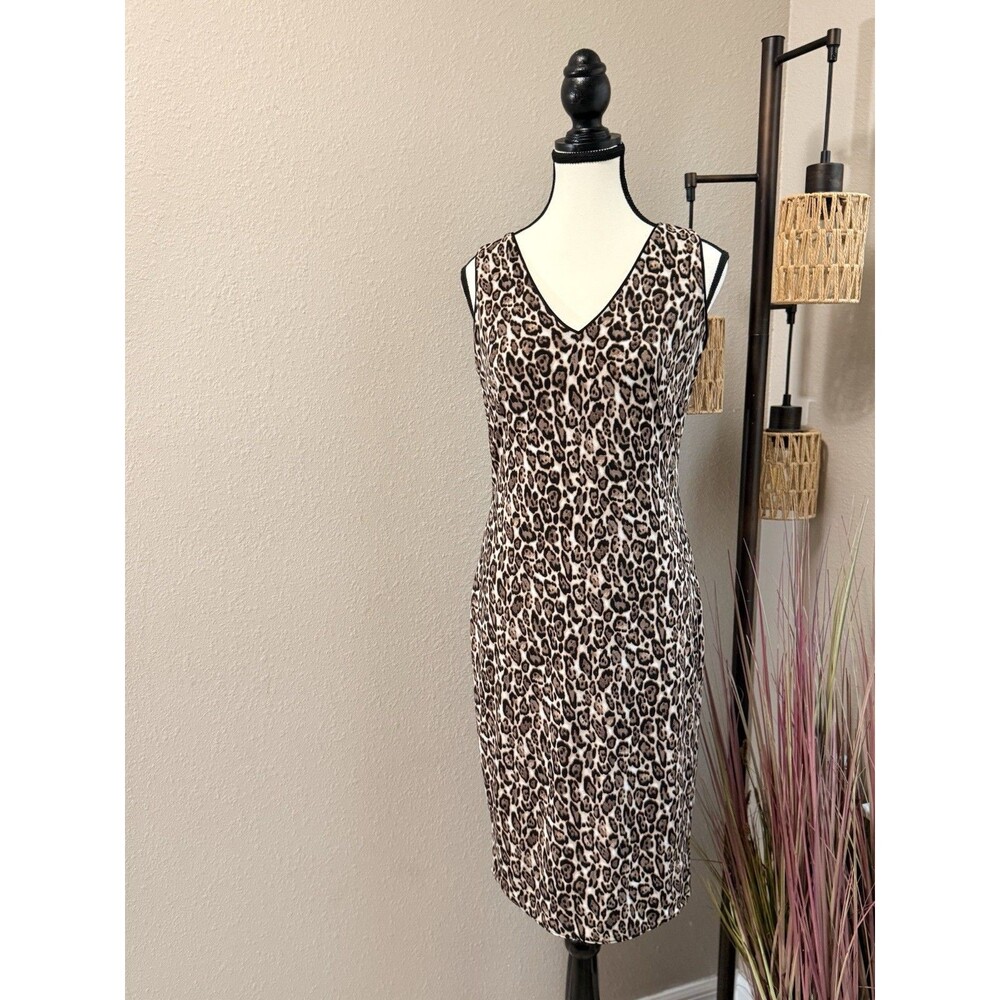 White House Black Market Beige and Black Leopard Print Midi Dress
